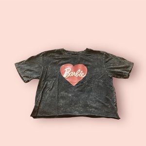 New Barbie Crop Top Glitter Heart Charcoal Gray Pink White Logo Cotton Shirt M